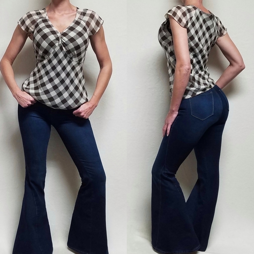 Nine West Vintage 90s Brown Silk Chiffon Gingham Plaid Flutter Sleeve Blouse 10